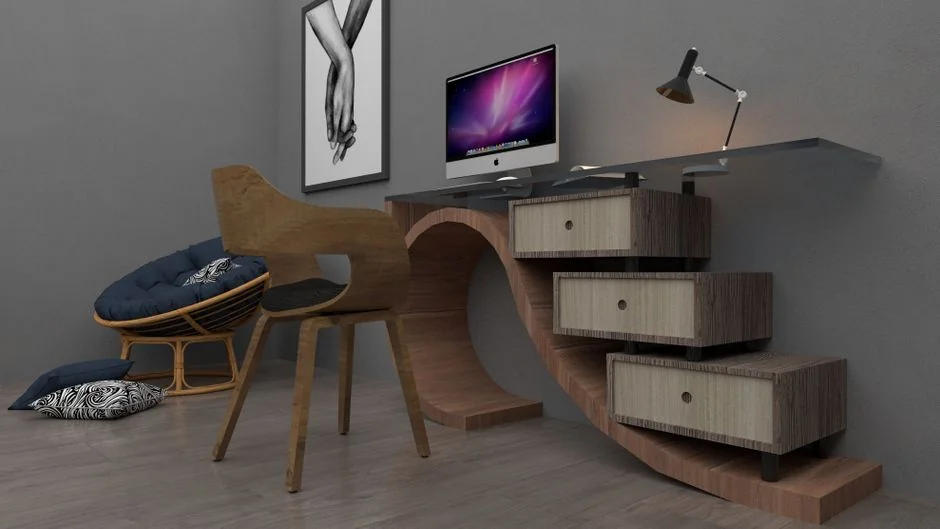 A sleek office desk setup featuring Apple devices: iMac, MacBook, and iPad.